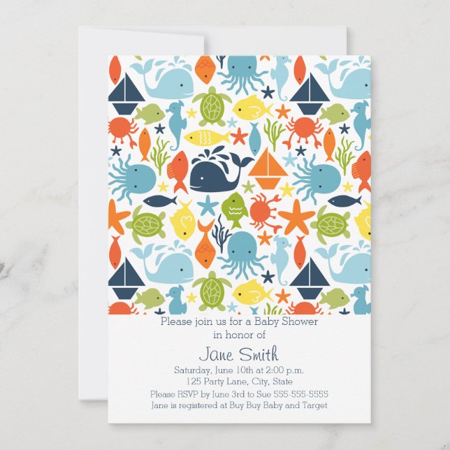 Under the Sea, Ocean Creatures Baby Shower Invitation (Front)