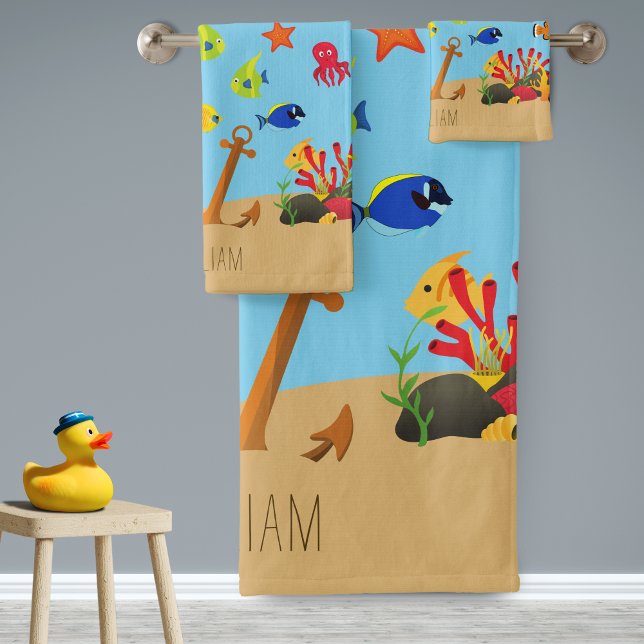 Under the Sea Ocean Fish and Anchor Kid Name Bath Towel Set (Creator Uploaded)