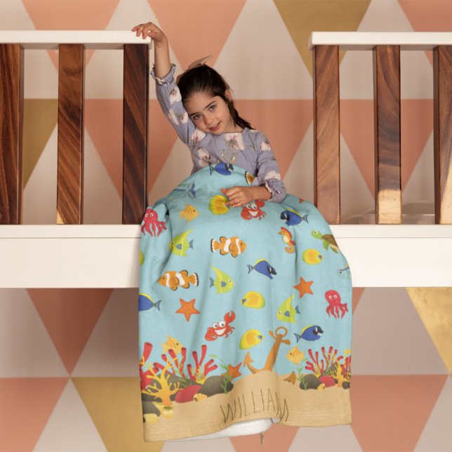 Under the Sea Ocean Fish and Anchor Kid Name Fleece Blanket (Creator Uploaded)