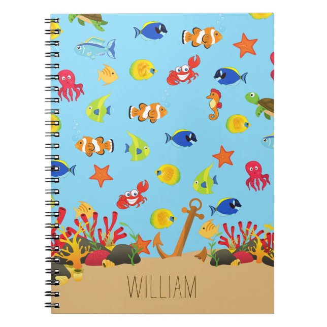 Under the Sea Ocean Fish and Anchor Kid Name Notebook (Front)