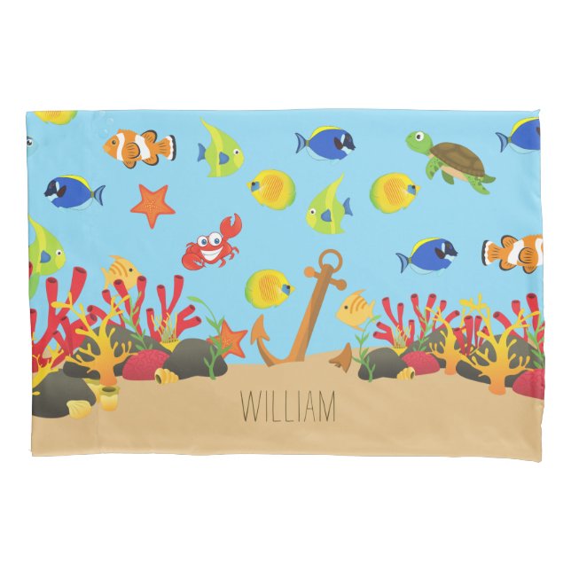 Under the Sea Ocean Fish and Anchor Kid Name Pillowcase (Front)