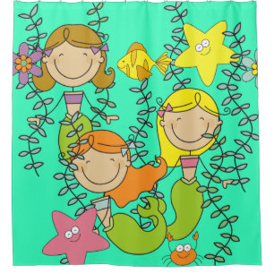 Under the Sea Ocean Stick Figure Mermaids Shower Curtain