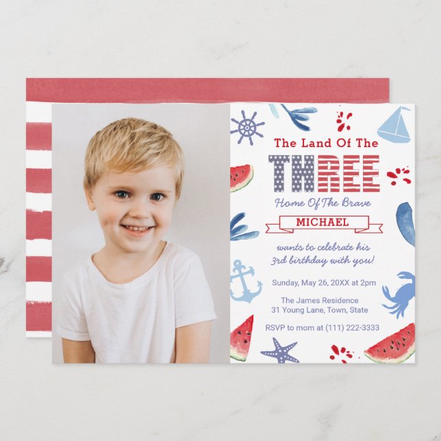 Under the Sea or Nautical 3rd Birthday Party Photo Invitation (Front/Back)