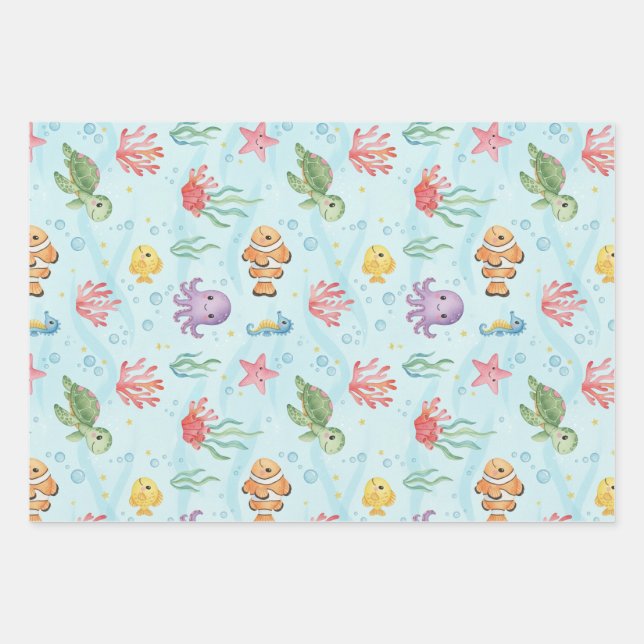Under the Sea Party Colourful Ocean Creatures Wrapping Paper Sheet (Front)