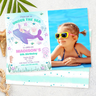 Under the Sea Party Whale Girl Birthday Photo Invitation