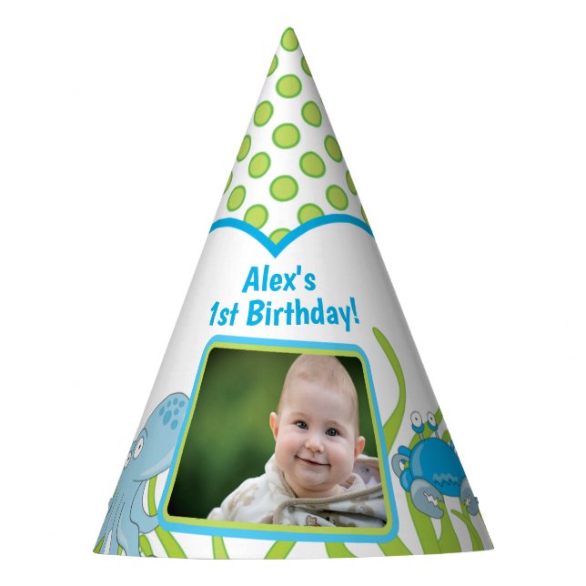 Under the Sea Personalised 1st Birthday Photo Party Hat (Front)