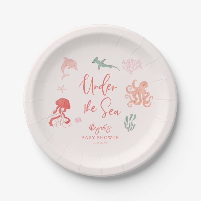 Under The Sea Pink Baby Shower Paper Plate (Front)