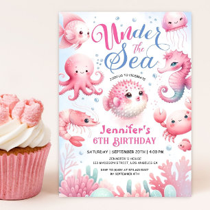 Under The Sea! Pink Cute Ocean Girl 6th Birthday Invitation