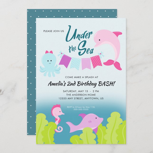 Under the Sea Pink Dolphin Girl's Birthday Party Invitation (Front/Back)