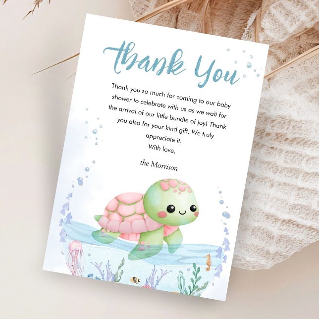 Under The Sea Pink Girl Turtle Baby Shower Thank You Card (Creator Uploaded)