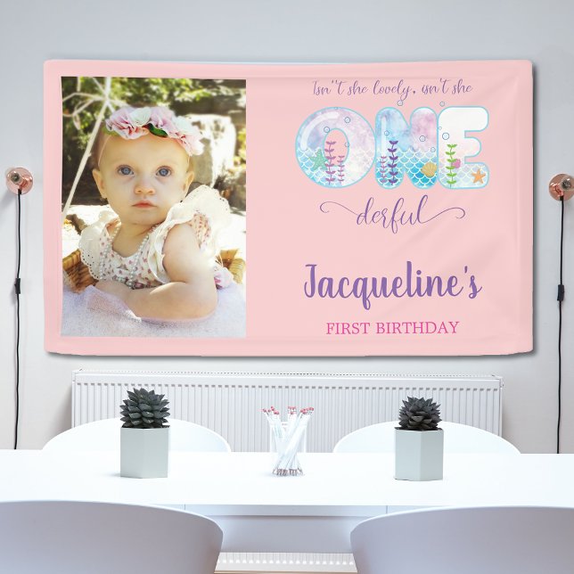 Under The Sea Pink Girls 1st Birthday Party Banner (Under the sea girls pink 1st birthday party banner with photo.)
