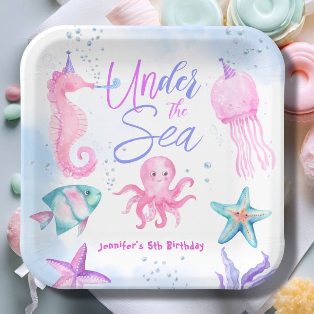 Under The Sea! Pink Ocean Girl 5th Birthday  Paper Paper Plate (Creator Uploaded)