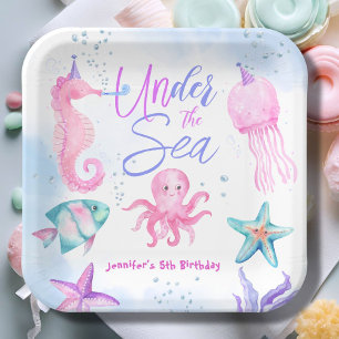 Under The Sea! Pink Ocean Girl 5th Birthday  Paper Paper Plate