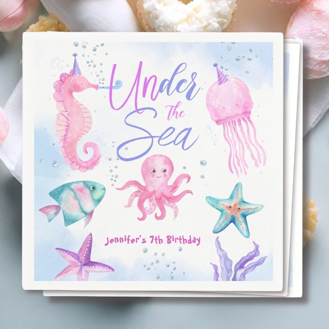 Under The Sea! Pink Ocean Girl 7th Birthday  Napkin (Creator Uploaded)