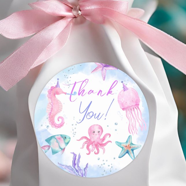Under The Sea! Pink Ocean Girl Birthday Party Classic Round Sticker (Creator Uploaded)