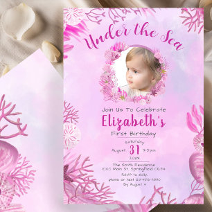 Under the Sea Pink Photo Girl 1st Birthday Party Invitation