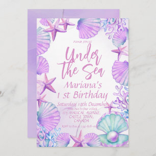 Under the Sea Pink Purple Girl 1st Birthday Party Invitation
