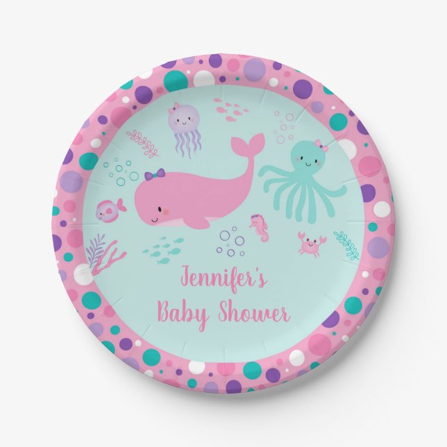 Under The Sea Pink Purple Nautical Baby Shower Paper Plate (Front)