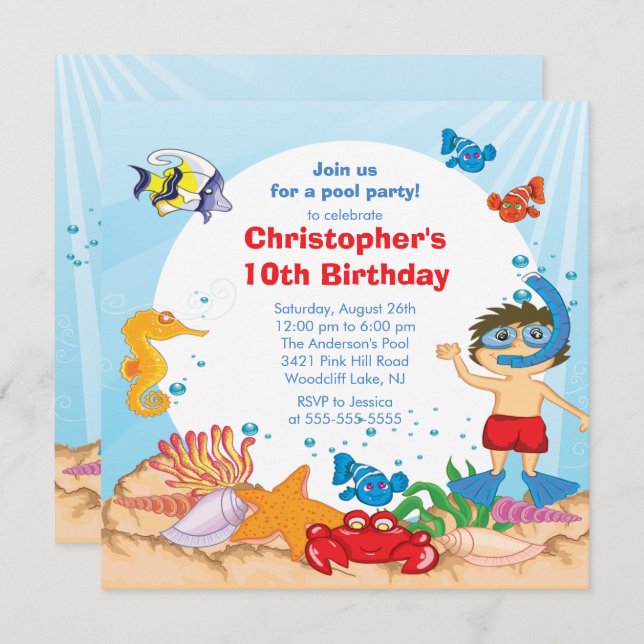 Under the Sea Pool Party Birthday Invitation boy (Front/Back)