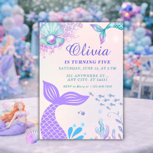 Under the Sea Purple Mermaid 5th Birthday Invitation