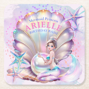 Under The Sea Purple & Teal Mermaid Birthday Bash Square Paper Coaster