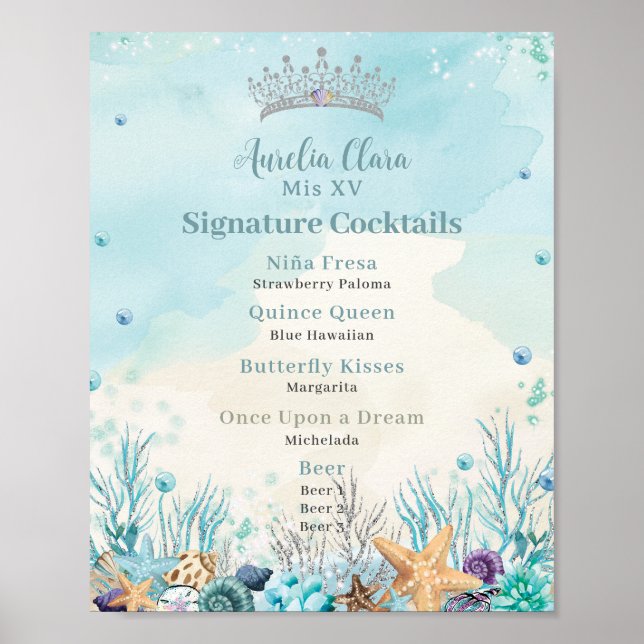 Under the Sea Quinceanera Cocktails Bar Menu Poster (Front)