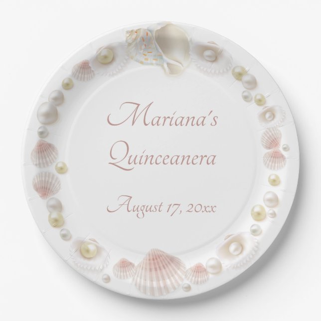 Under the Sea Quinceanera Party Seashells Pearls Paper Plate (Front)