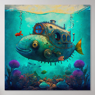 Under the Sea Sea Animals Steampunk Submarine Two Foil Prints