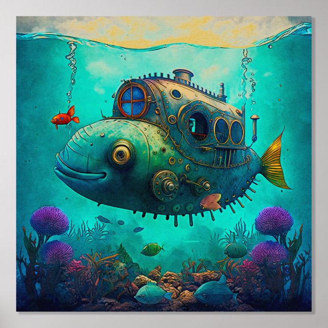 Under the Sea Sea Animals Steampunk Submarine Two Foil Prints (Front)
