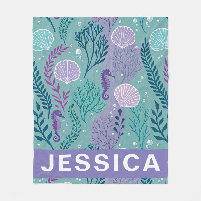 Under the Sea Seahorse Shell Ocean Fantasy Fleece Blanket (Front)