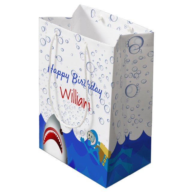Under the sea shark birthday party boys medium gift bag (Back Angled)
