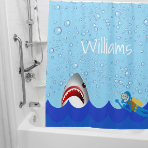 Under the sea shark bubbles blue diver name shower curtain