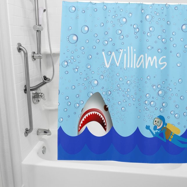 Under the sea shark bubbles blue diver name shower curtain (Creator Uploaded)