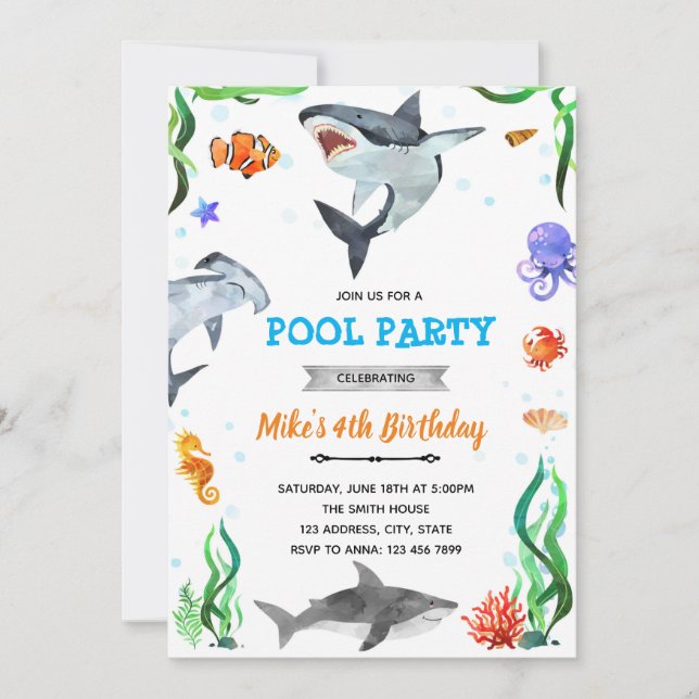 Under the sea shark shower birthday invitation (Front)