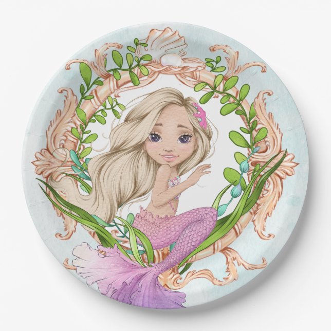 Under the Sea Shell Frame with Mermaid Paper Plate (Front)