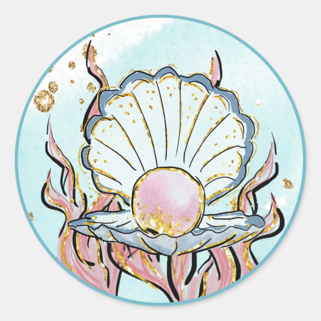 Under the Sea Shell Mermaid Birthday Party Classic Round Sticker (Front)