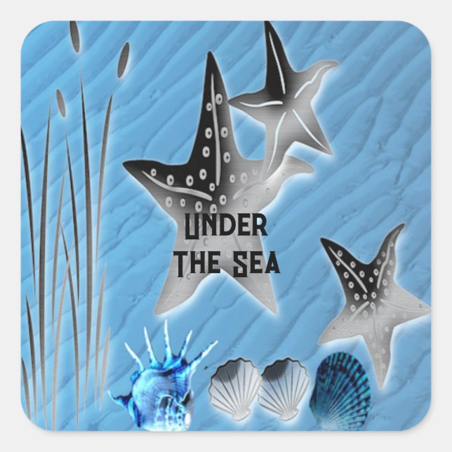 Under The Sea Starfish Shells Seaweed Blue Water  Square Sticker (Front)