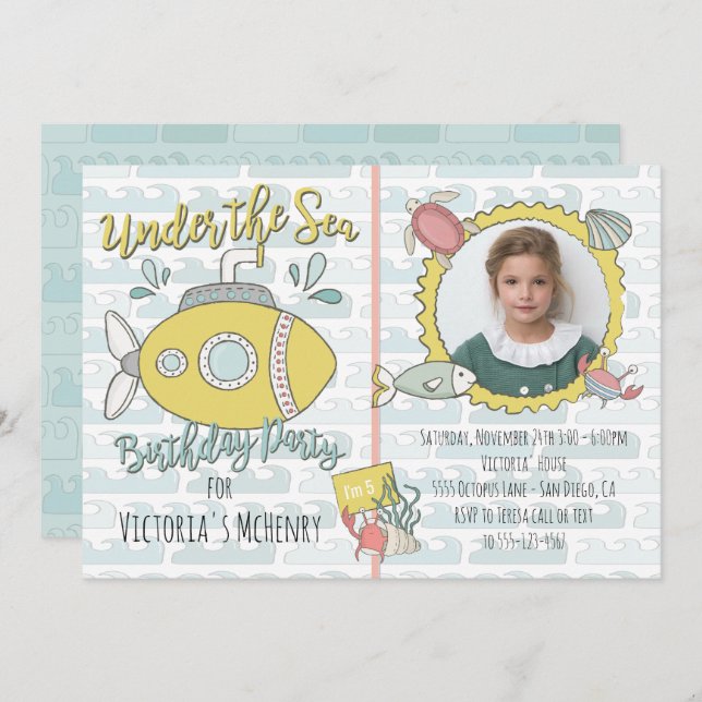 Under the Sea Submarine Birthday Party Picture Invitation (Front/Back)