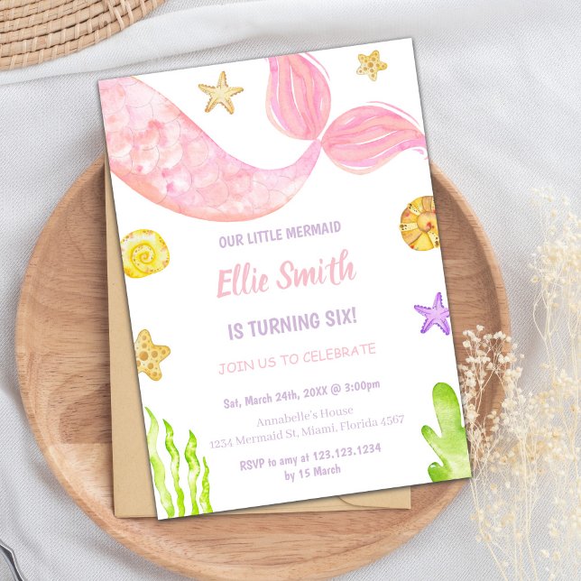 Under the Sea Themed Party Card (Pink Tail Mermaid Birthday Invitations)