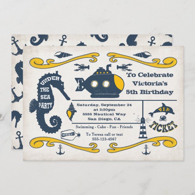 Under the Sea Ticket Nautical Birthday Party Invitation (Front/Back)