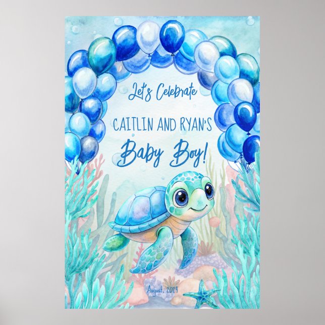 Under the sea turtle aqua blue baby shower backdro poster (Front)