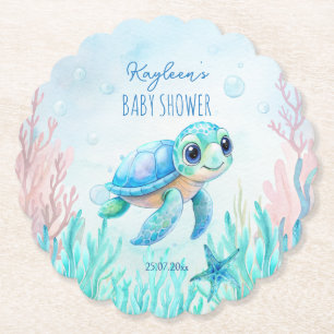 Under the sea turtle aqua blue baby shower favors paper coaster