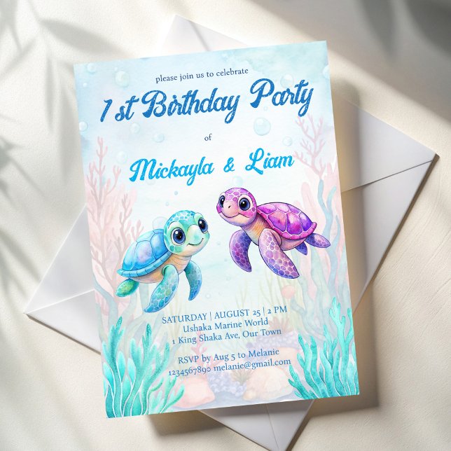 Under the sea turtle aqua blue twins birthday invitation (Under the sea turtle aqua blue  purple twins birthday party invitation template)