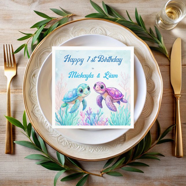 Under the sea turtle aqua blue twins birthday napkin (Under the sea turtle aqua blue pink purple twins birthday party personalized printed napkins)