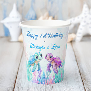 Under the sea turtle aqua blue twins birthday paper cups