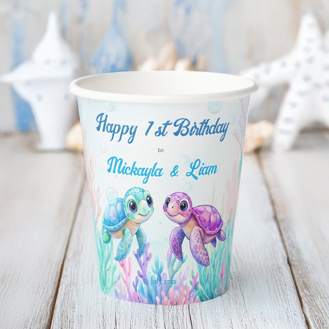 Under the sea turtle aqua blue twins birthday paper cups (Under the sea turtle aqua blue purple twins birthday party personalized paper cups)