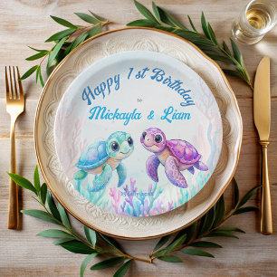Under the sea turtle aqua blue twins birthday paper plate