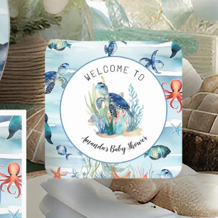 Under the Sea Turtle Blue Boy Baby Shower Square Paper Coaster