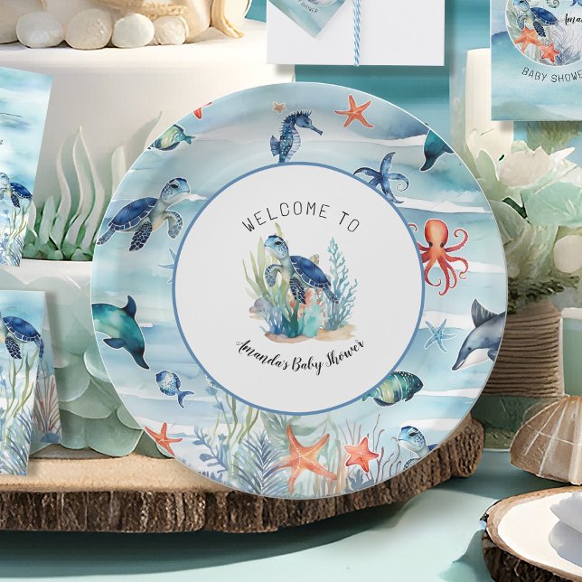 Under the Sea Turtle Boy Baby Shower Blue Paper Plate (Creator Uploaded)