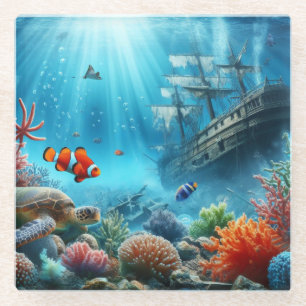 Under the sea, turtle, coral, ship, clown fish glass coaster